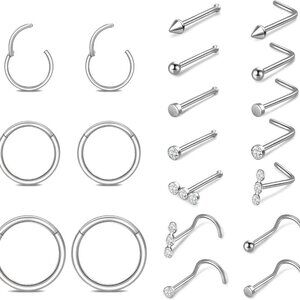 20pcs Surgical Steel Nose Rings Set for Men Women, Hypoallergenic, Silver, Vario